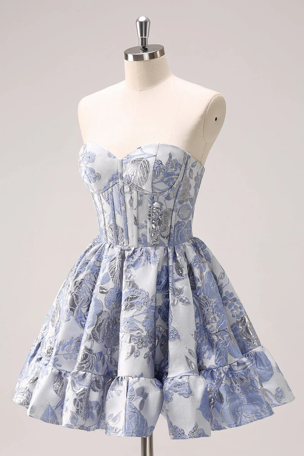 Niedliches Blaues A-Linien Sweetheart Print Korsett Kurzes Homecoming Kleid mit Rüschen