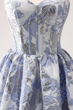 Niedliches Blaues A-Linien Sweetheart Print Korsett Kurzes Homecoming Kleid mit Rüschen