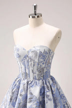 Niedliches Blaues A-Linien Sweetheart Print Korsett Kurzes Homecoming Kleid mit Rüschen