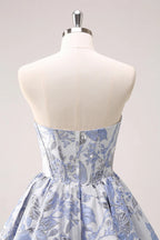 Niedliches Blaues A-Linien Sweetheart Print Korsett Kurzes Homecoming Kleid mit Rüschen