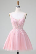 Niedliches Blush A-Linien Träger Korsett Kurzes Homecoming Kleid mit Applikationen