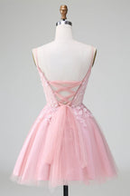 Niedliches Blush A-Linien Träger Korsett Kurzes Homecoming Kleid mit Applikationen