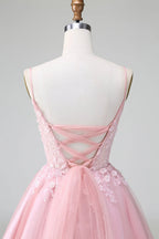 Niedliches Blush A-Linien Träger Korsett Kurzes Homecoming Kleid mit Applikationen