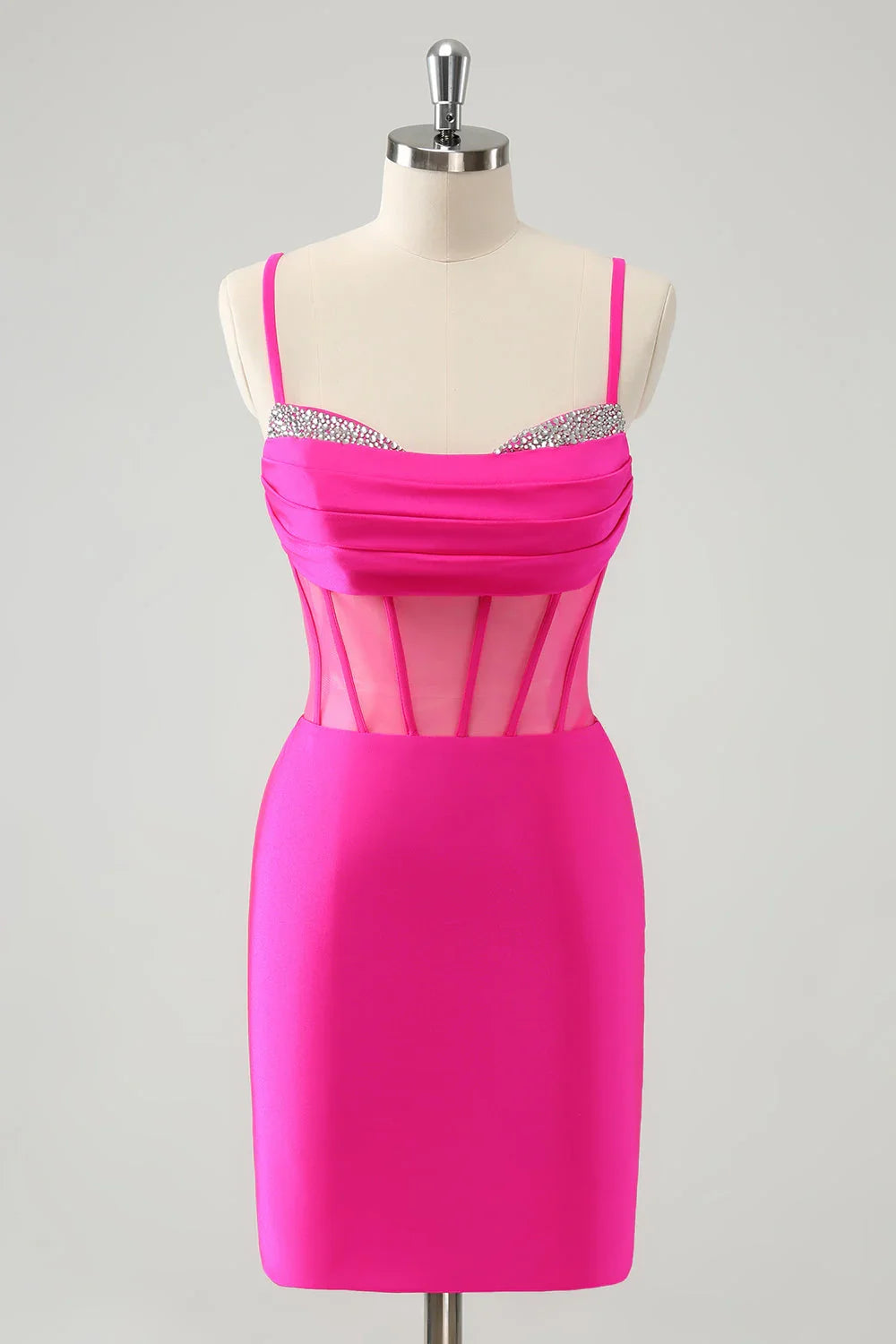 Vestido Chic Cor-de-Rosa Choque Justo ao Corpo Pregádo com Corpete para Baile de Finalistas com Aplicações de Missangas