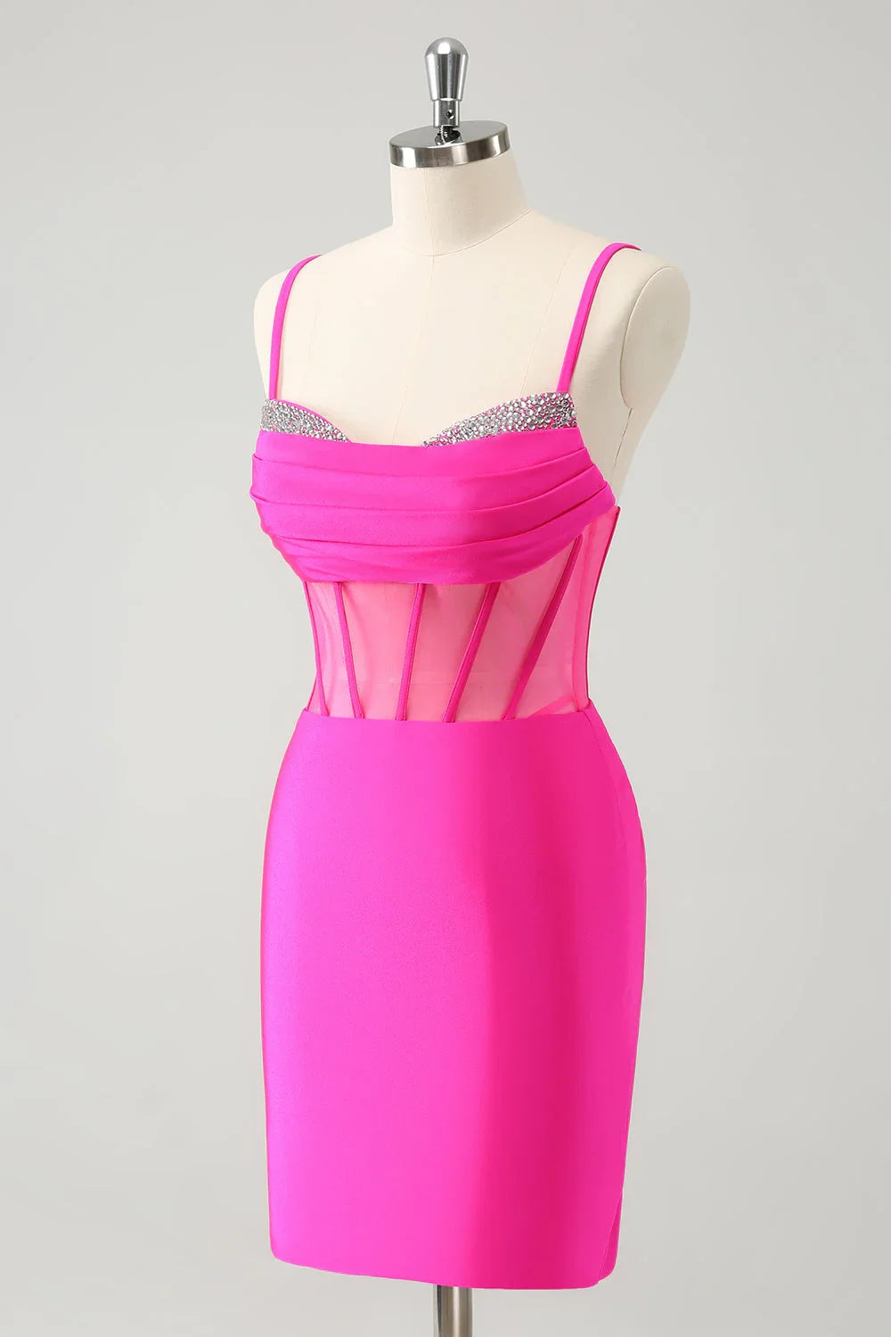 Vestido Chic Cor-de-Rosa Choque Justo ao Corpo Pregádo com Corpete para Baile de Finalistas com Aplicações de Missangas