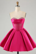 Vestido Corto de Regreso a Casa en Línea A, Corazón Dulce, Corsé, en Fucsia Lindo con Abalorios