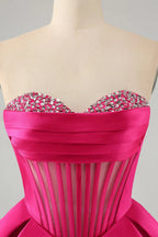 Vestido Corto de Regreso a Casa en Línea A, Corazón Dulce, Corsé, en Fucsia Lindo con Abalorios