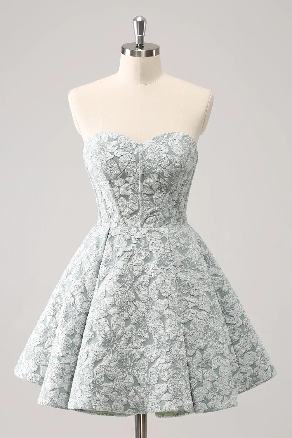 Vestido corto de fiesta de regreso a casa con corsé de escote corazón en línea A en gris verde adorable