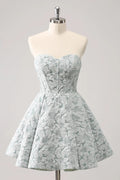 Vestido corto de fiesta de regreso a casa con corsé de escote corazón en línea A en gris verde adorable