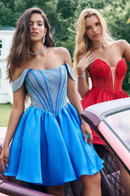 Niedliches Blaues A-Linien Off The Shoulder Korsett Homecoming Kleid mit Perlenstickerei