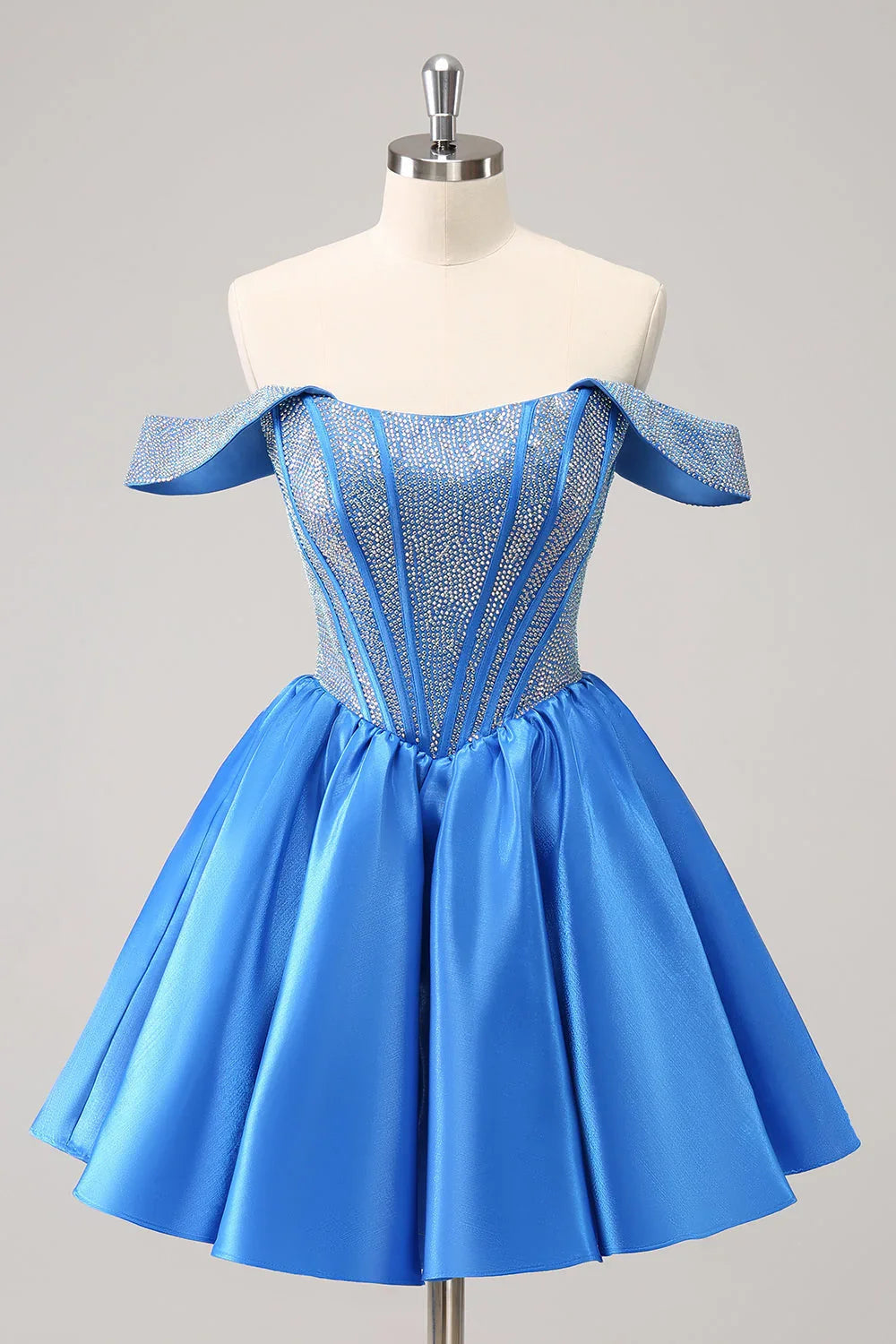 Niedliches Blaues A-Linien Off The Shoulder Korsett Homecoming Kleid mit Perlenstickerei