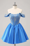 Niedliches Blaues A-Linien Off The Shoulder Korsett Homecoming Kleid mit Perlenstickerei