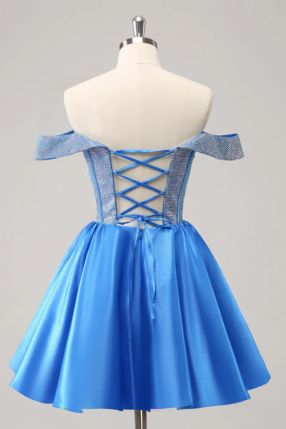 Niedliches Blaues A-Linien Off The Shoulder Korsett Homecoming Kleid mit Perlenstickerei