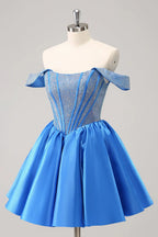 Niedliches Blaues A-Linien Off The Shoulder Korsett Homecoming Kleid mit Perlenstickerei