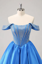Niedliches Blaues A-Linien Off The Shoulder Korsett Homecoming Kleid mit Perlenstickerei
