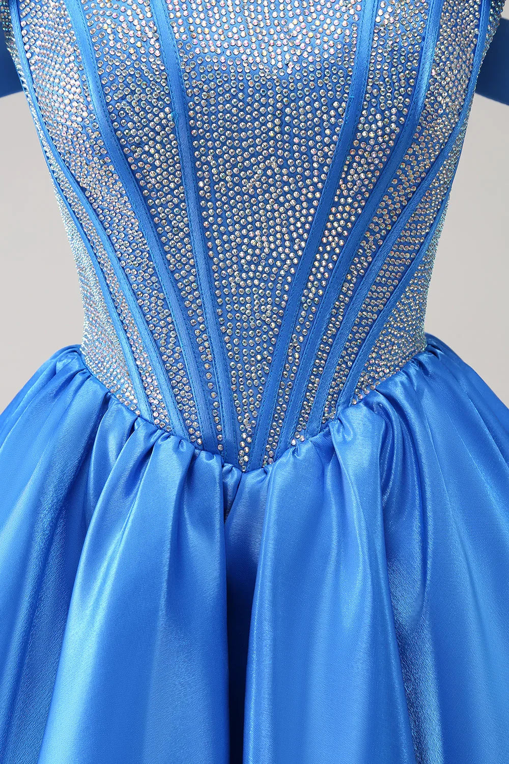 Niedliches Blaues A-Linien Off The Shoulder Korsett Homecoming Kleid mit Perlenstickerei