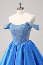 Niedliches Blaues A-Linien Off The Shoulder Korsett Homecoming Kleid mit Perlenstickerei