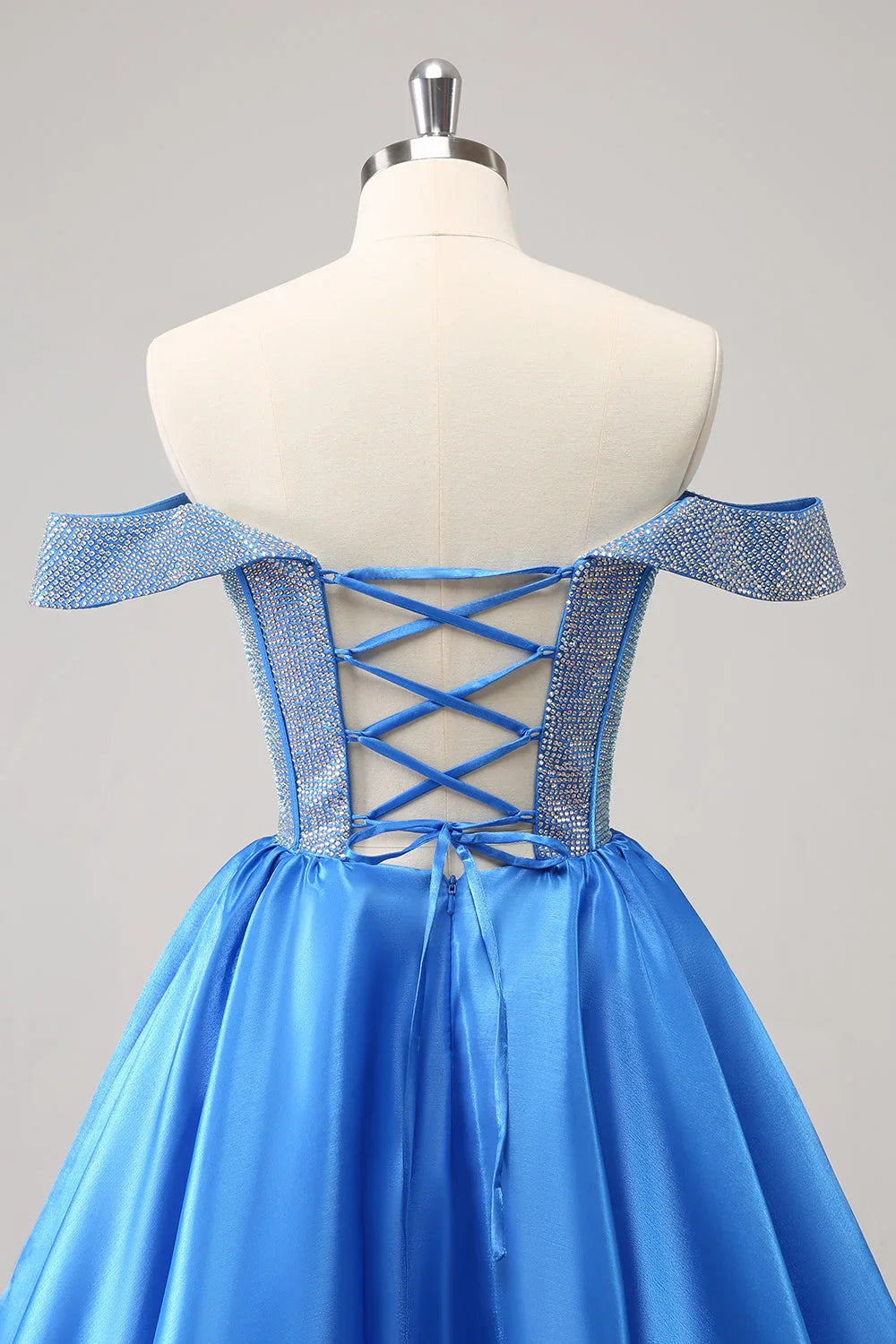 Niedliches Blaues A-Linien Off The Shoulder Korsett Homecoming Kleid mit Perlenstickerei