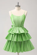 Vestido de Fiesta Tipo Corsé con Tirantes Espagueti, Línea A, en Capas y Volantes, con Lazo, en Verde Bonito