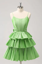 Vestido de Fiesta Tipo Corsé con Tirantes Espagueti, Línea A, en Capas y Volantes, con Lazo, en Verde Bonito