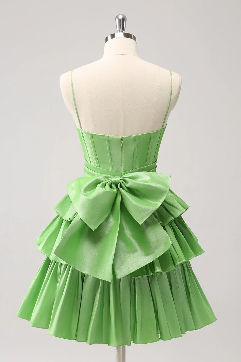 Vestido de Fiesta Tipo Corsé con Tirantes Espagueti, Línea A, en Capas y Volantes, con Lazo, en Verde Bonito