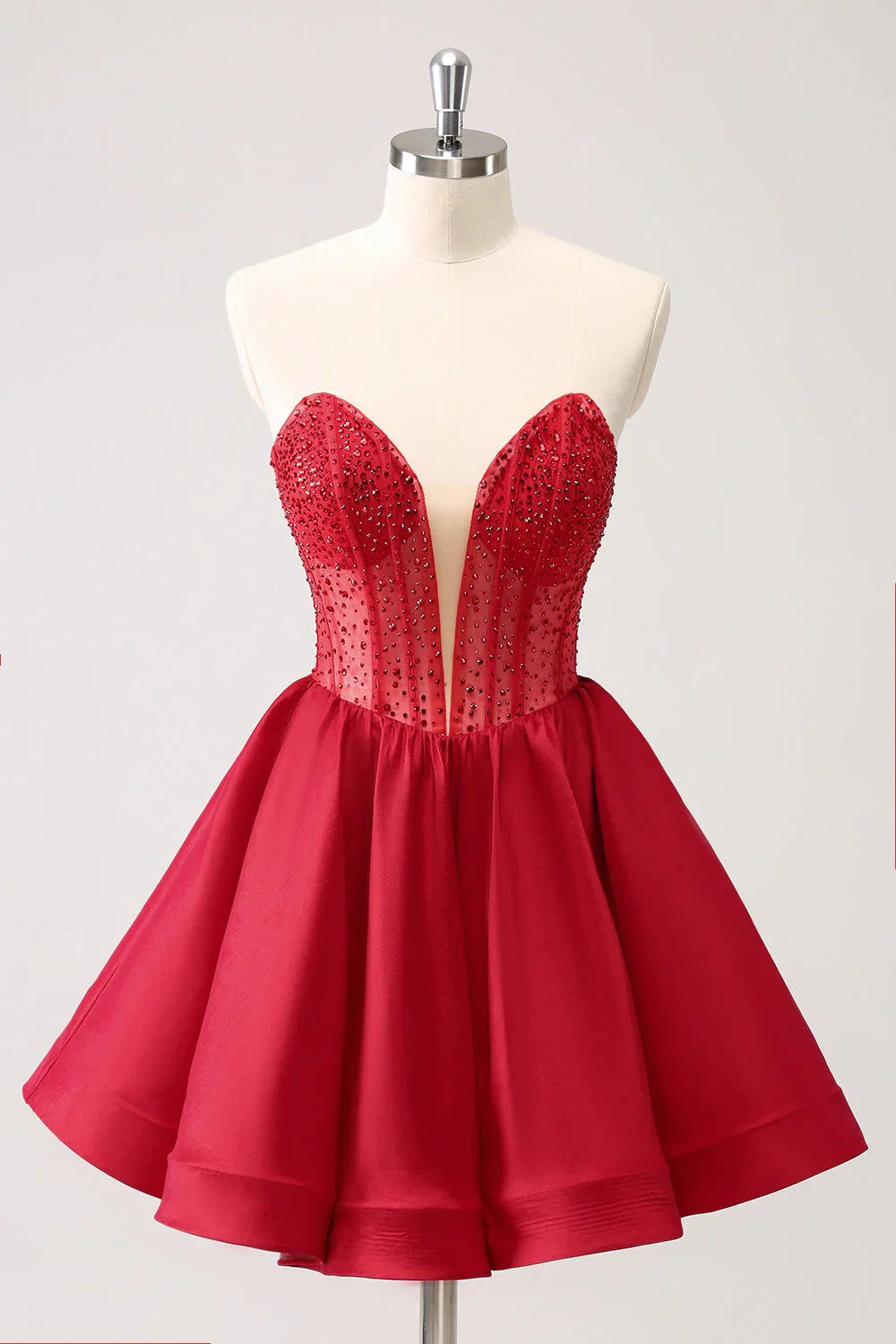 Niedliches rotes A-Linie trägerloses Korsett-Rüschen-Heimkehrballkleid mit Perlenbesatz