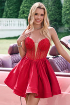 Vestido de Fiesta en Casa Línea A Sin Tirantes Tipo Corsé con Volantes Cortos y Abalorios en Rojo Encantador