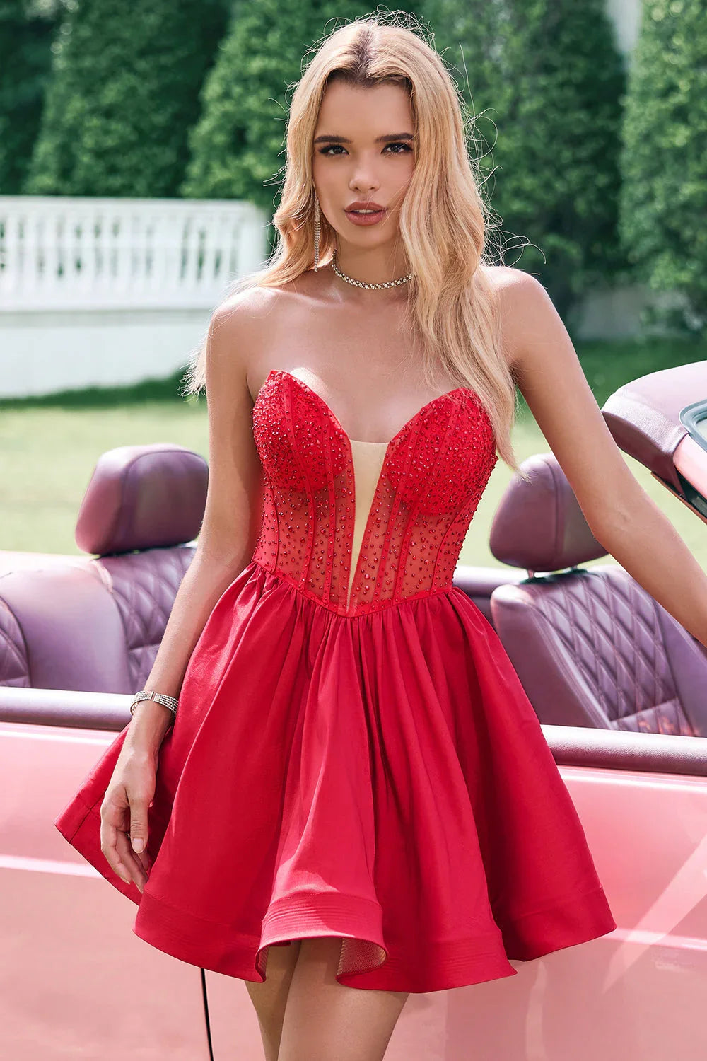 Niedliches rotes A-Linie trägerloses Korsett-Kurz-Rüschen-Heimkehrballkleid mit Perlenbesatz