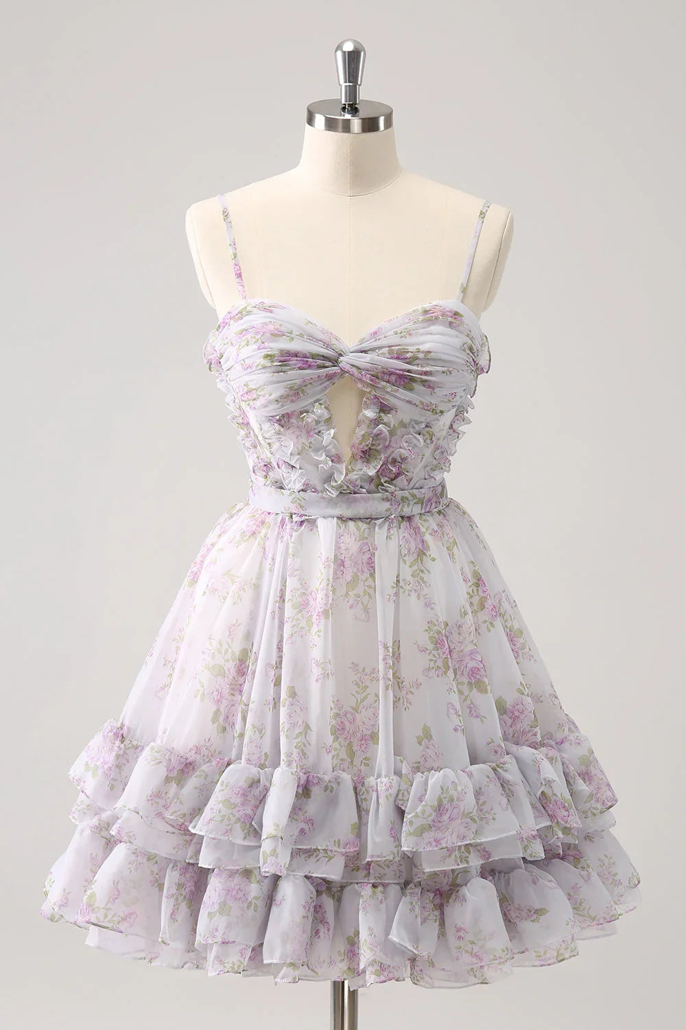 Niedliches gelbes A-Linien-Ausschnitt-Etagen-Blumenprint-Heimkehrkleid mit Rüschen