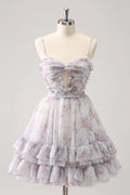 Vestido de Baile Lila Lindo con Corte A, Abertura, Niveles, Estampado Floral y Volantes