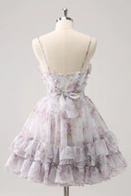 Vestido de Baile Lila Lindo con Corte A, Abertura, Niveles, Estampado Floral y Volantes
