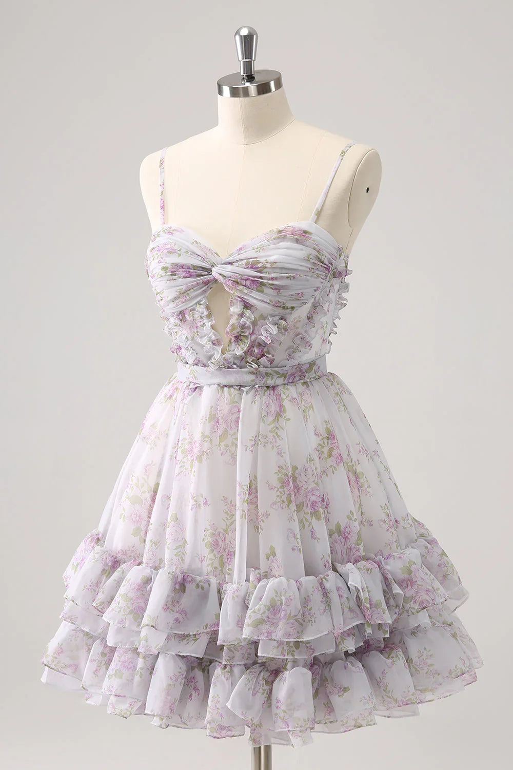 Vestido de Regreso a Casa Florido con Volantes, Corte A Line, Escotado y Acanalado en Amarillo Encantador