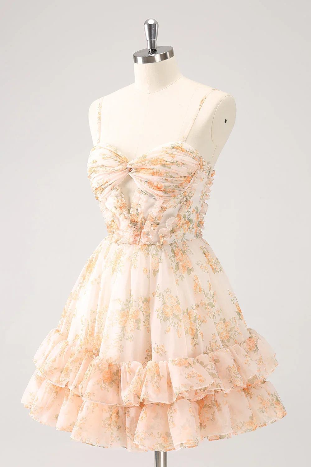 Vestido de Regreso a Casa Florido con Volantes, Corte A Line, Escotado y Acanalado en Amarillo Encantador