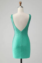 Chic Bodycon V Neck Backless Short Green Homecoming Dress with Beading