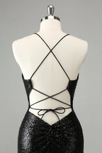 Black Bodycon Spaghetti Straps Sequins Short Homecoming Dress with Lace-up Back