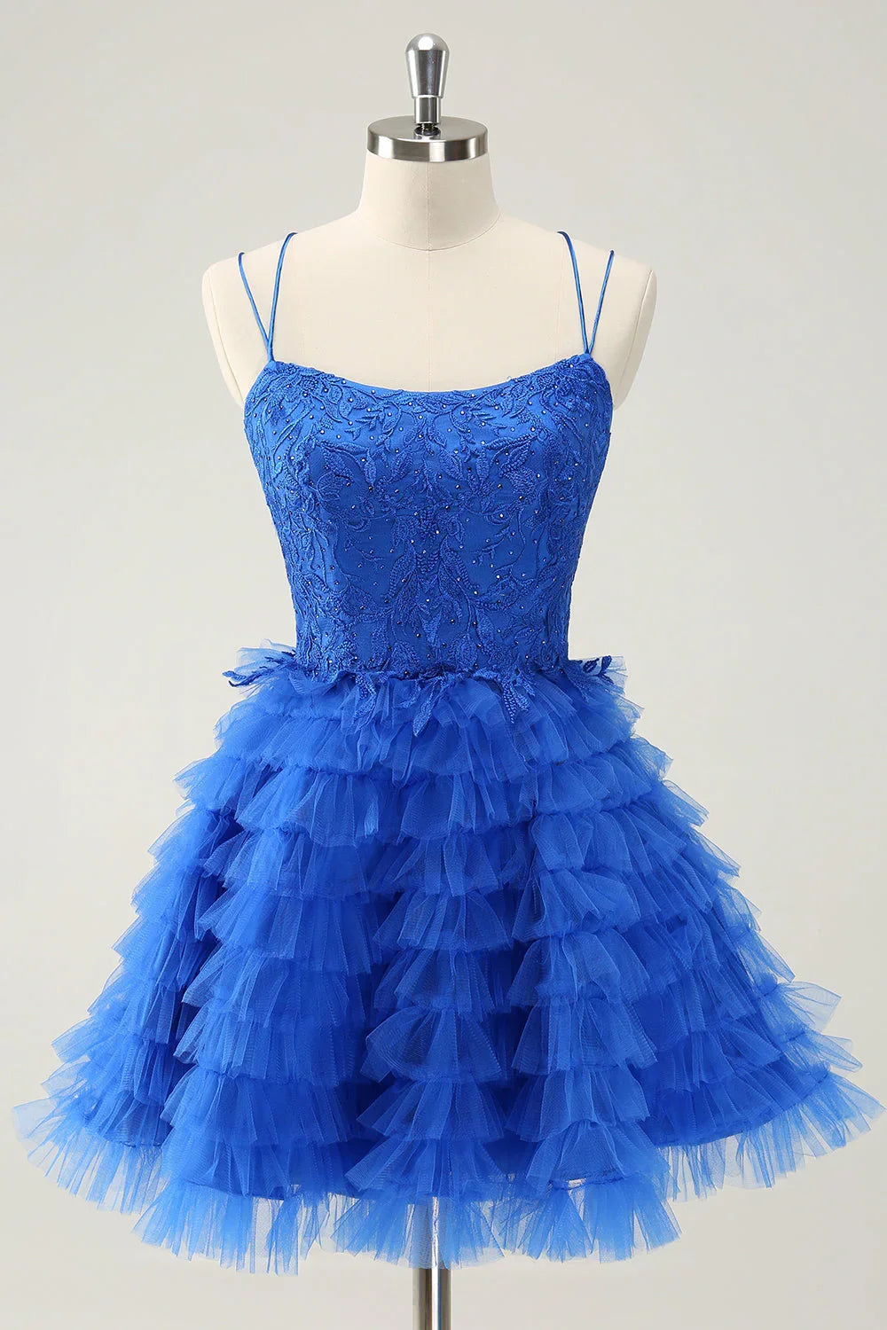 Vestido Corto de Baile Hogareño Azul Lindo con Línea A, Lazada en la Espalda, Niveles y Abalorios