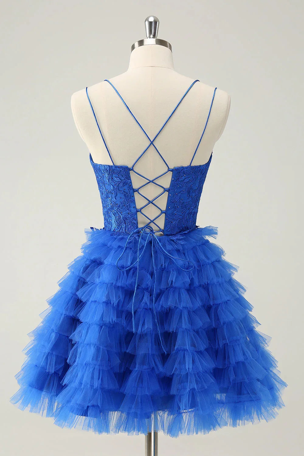 Vestido Corto de Baile Hogareño Azul Lindo con Línea A, Lazada en la Espalda, Niveles y Abalorios