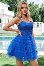 Vestido Corto de Baile Hogareño Azul Lindo con Línea A, Lazada en la Espalda, Niveles y Abalorios