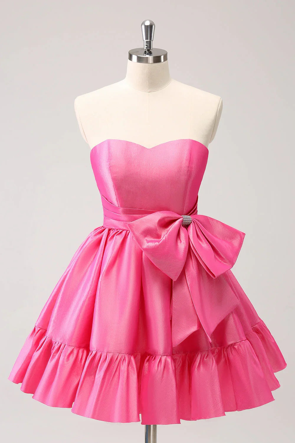 Vestido corto de fiesta en casa sin tirantes, plisado, en línea A, color rosa fuerte adorable con lazo