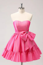 Vestido corto de fiesta en casa sin tirantes, plisado, en línea A, color rosa fuerte adorable con lazo