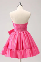 Vestido corto de fiesta en casa sin tirantes, plisado, en línea A, color rosa fuerte adorable con lazo