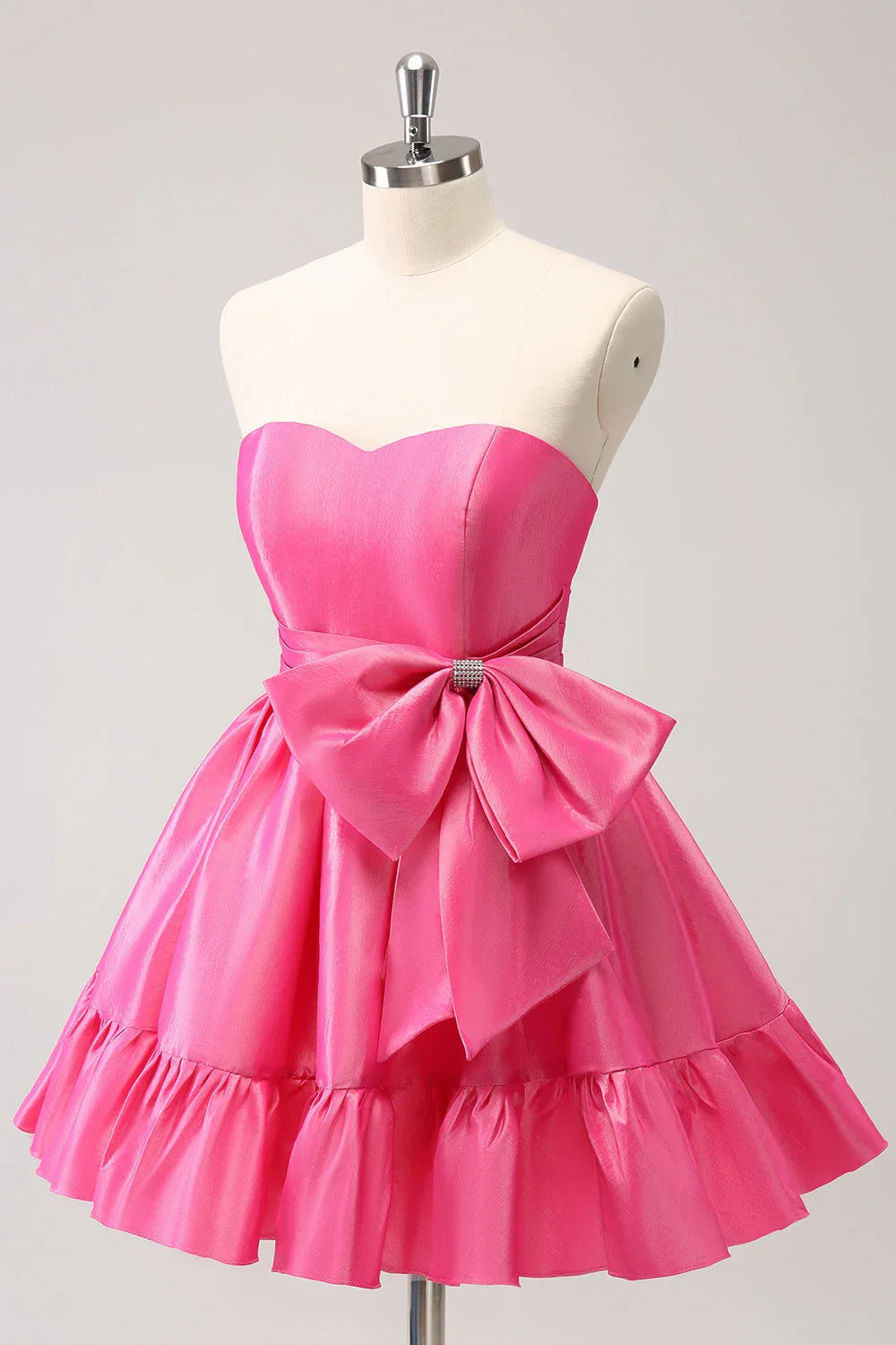 Vestido corto de fiesta en casa sin tirantes, plisado, en línea A, color rosa fuerte adorable con lazo
