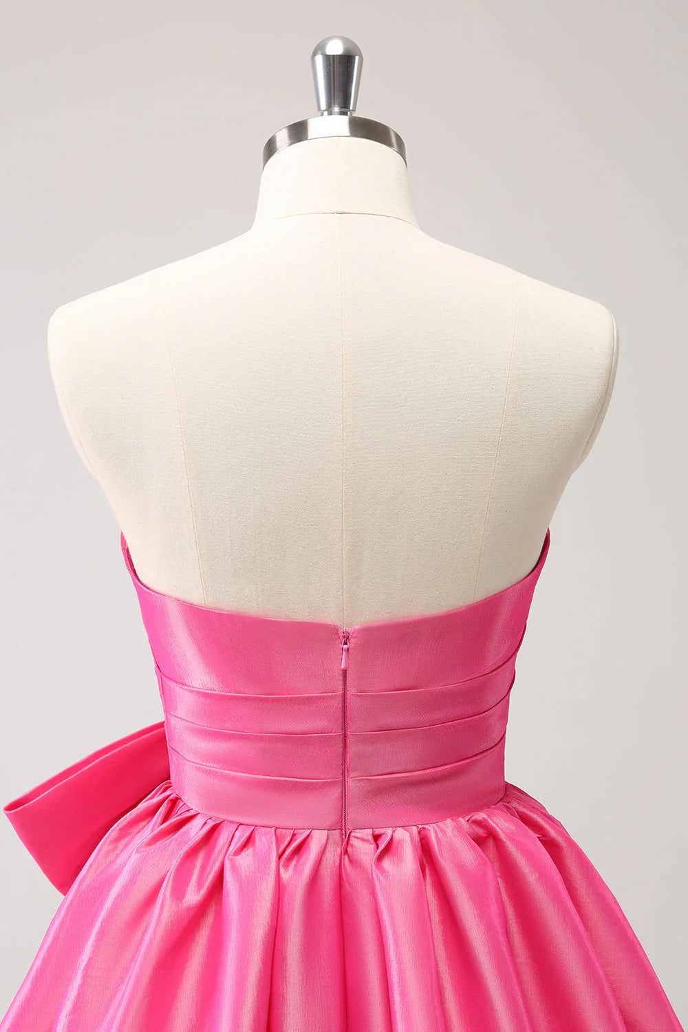 Vestido corto de fiesta en casa sin tirantes, plisado, en línea A, color rosa fuerte adorable con lazo