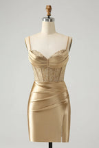Goldenes Korsett-Kurz-Homecoming-Kleid mit Schnürung am Rücken