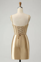 Goldenes Korsett-Kurz-Homecoming-Kleid mit Schnürung am Rücken