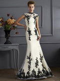 Abito per la Madre della Sposa a Silhouetta Trumpet/Mermaid con Collo Alto, Maniche Corte, in Organza Lunga con Appliqué