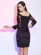 Vestidos curtos de cetim para mãe da noiva, com bainha/coluna, ombro de fora, mangas compridas, aplicações