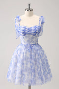 Vestido Corto de Baile Hogareño Azul Lindo en Línea A con Tirantes Espagueti Plisados y Espalda con Cordones