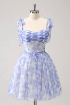 Vestido Corto de Baile Hogareño Azul Lindo en Línea A con Tirantes Espagueti Plisados y Espalda con Cordones