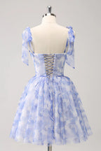 Vestido Corto de Baile Hogareño Azul Lindo en Línea A con Tirantes Espagueti Plisados y Espalda con Cordones